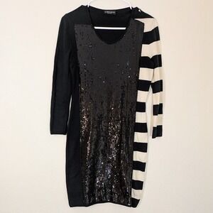 Anna Molinari Sequin Stripe Dress‎ Italy S Whimsigoth Witchy Glam Black White